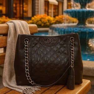 Tory Burch Fleming Mahogany Brown Distressed Quilted Leather Chain Strap Tote